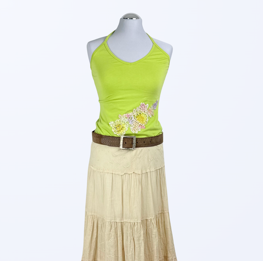 Neckholder Top Blumenstickerei Pailletten grün Teos Vintage Onlineshop