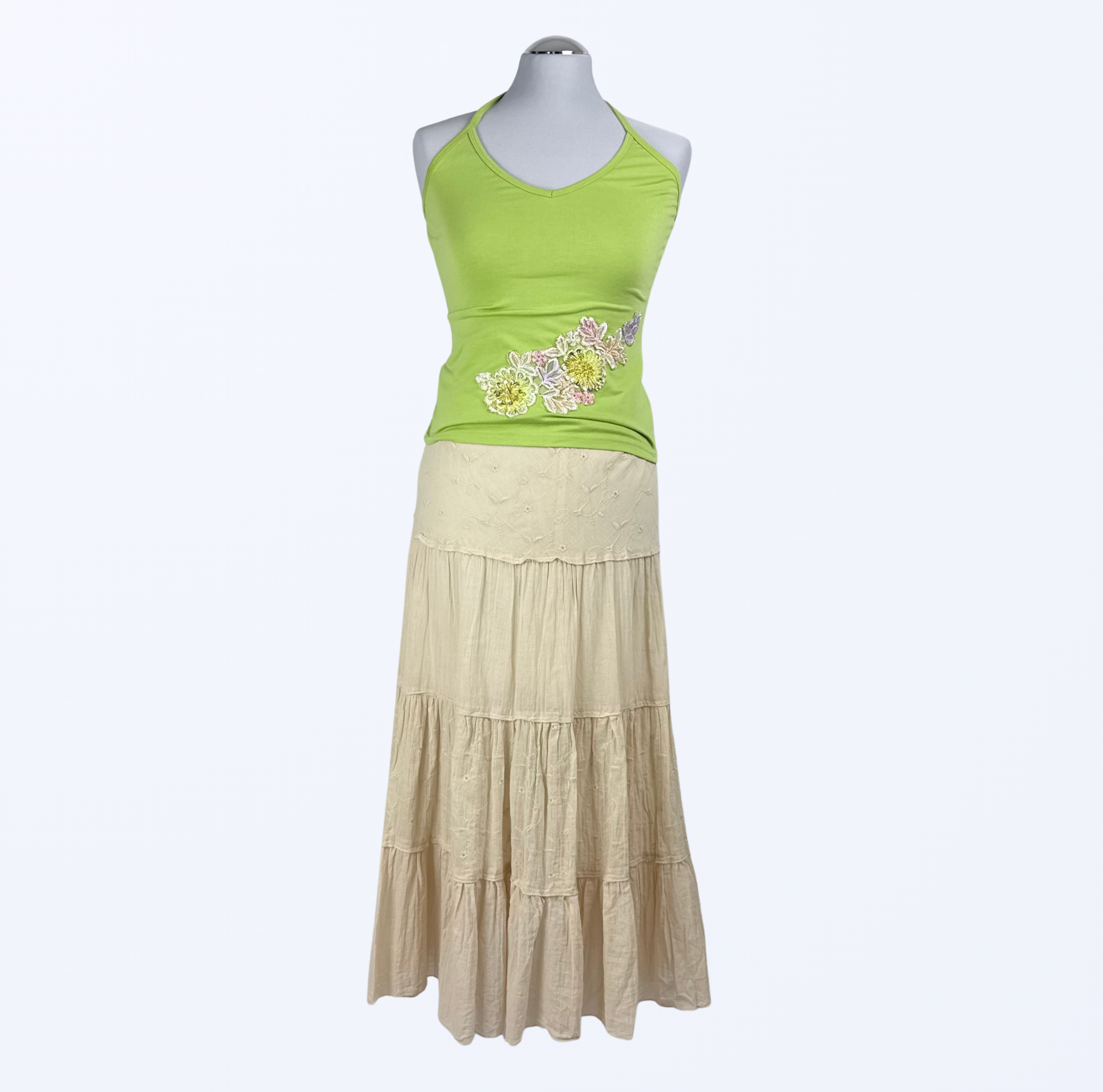 Neckholder Top Blumenstickerei Pailletten grün Teos Vintage Onlineshop