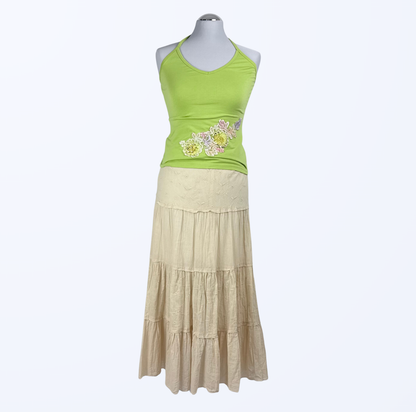 Neckholder Top Blumenstickerei Pailletten grün Teos Vintage Onlineshop