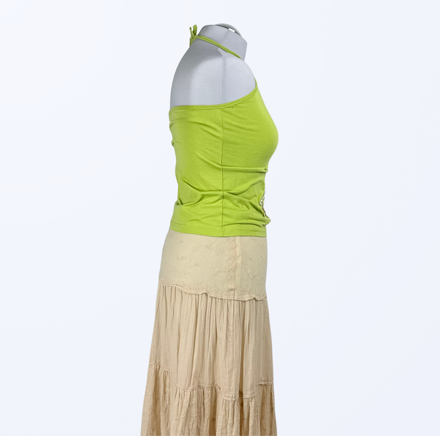 Neckholder Top Blumenstickerei Pailletten grün Teos Vintage Onlineshop