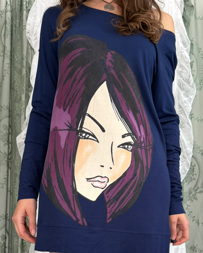 Motivi Kleid y2k face print woman print dunkelblau Gr. S/M Teos vintage Online Shop
