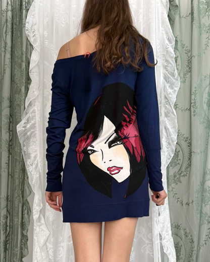 Motivi Kleid y2k face print woman print dunkelblau Gr. S/M Teos vintage Online Shop