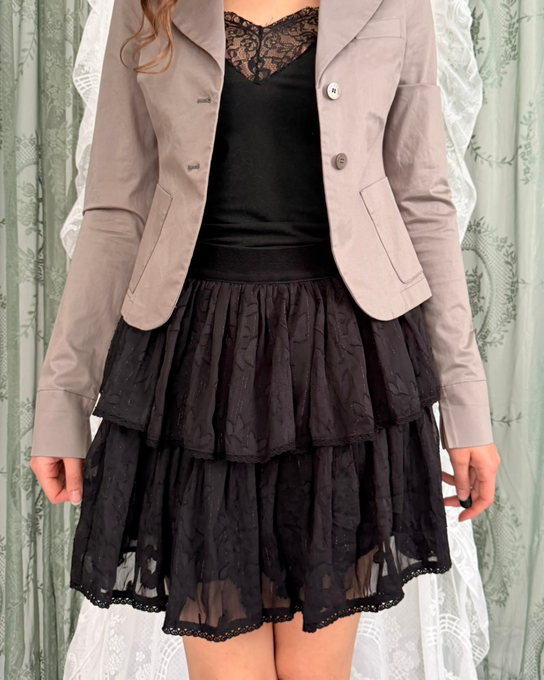 NKN Nekane Minirock schwarz Glitzer mehrlagig Teos Vintage Onlineshop Second Hand Stuttgart