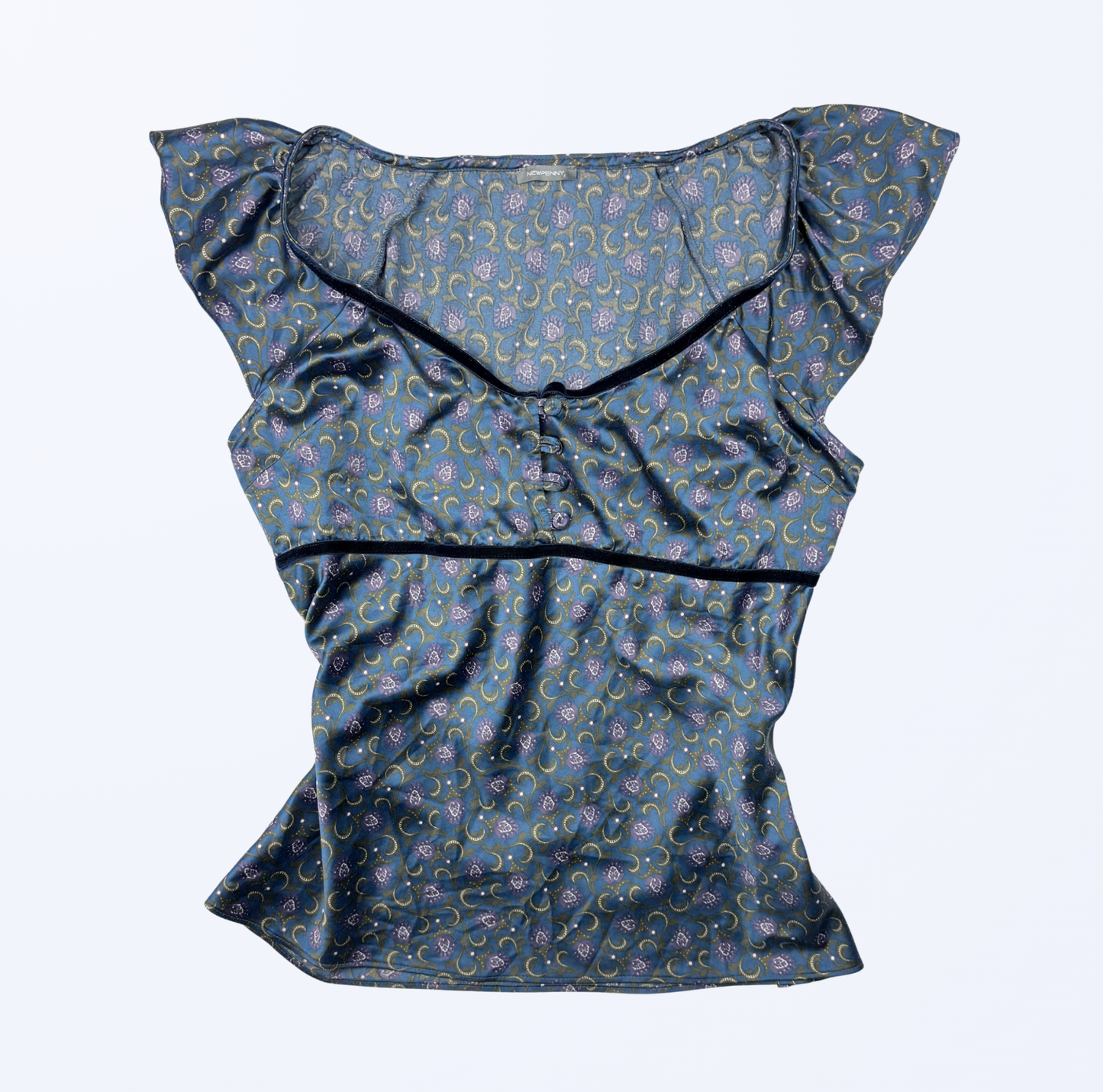 Newpenny Top whimsy blau Muster Teos Vintage