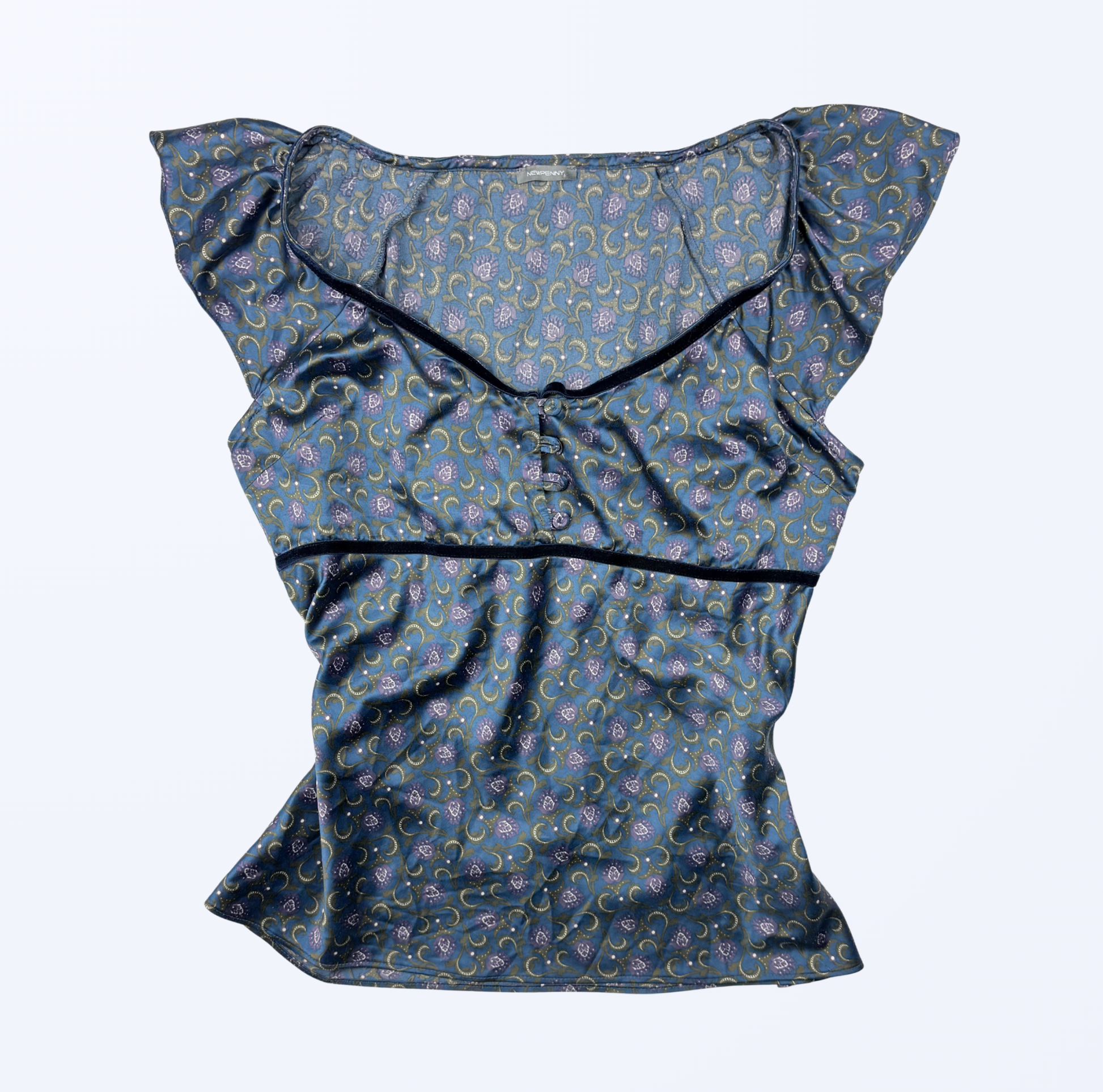 Newpenny Top whimsy blau Muster Teos Vintage