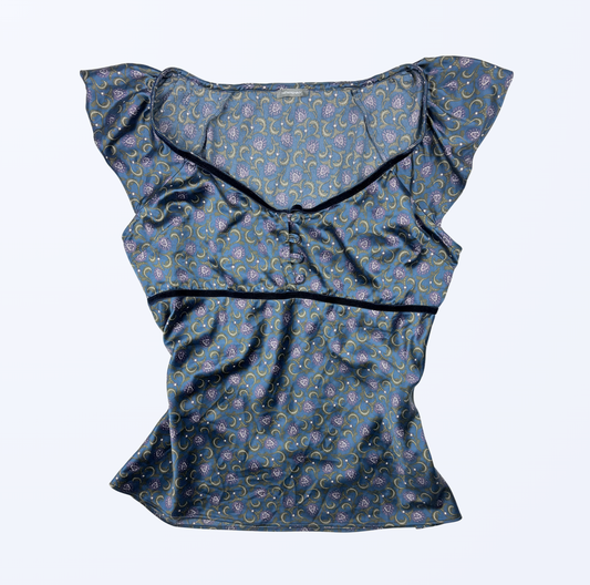 Newpenny Top whimsy blau Muster Teos Vintage