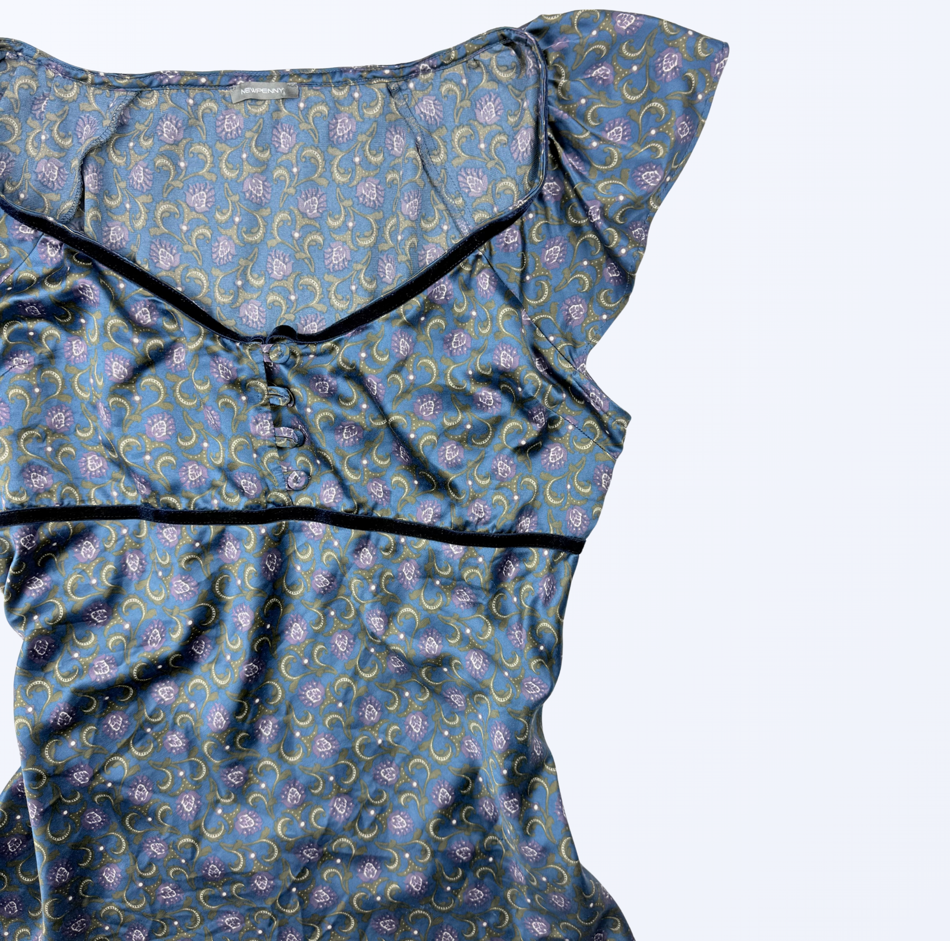 Newpenny Top whimsy blau Muster Teos Vintage