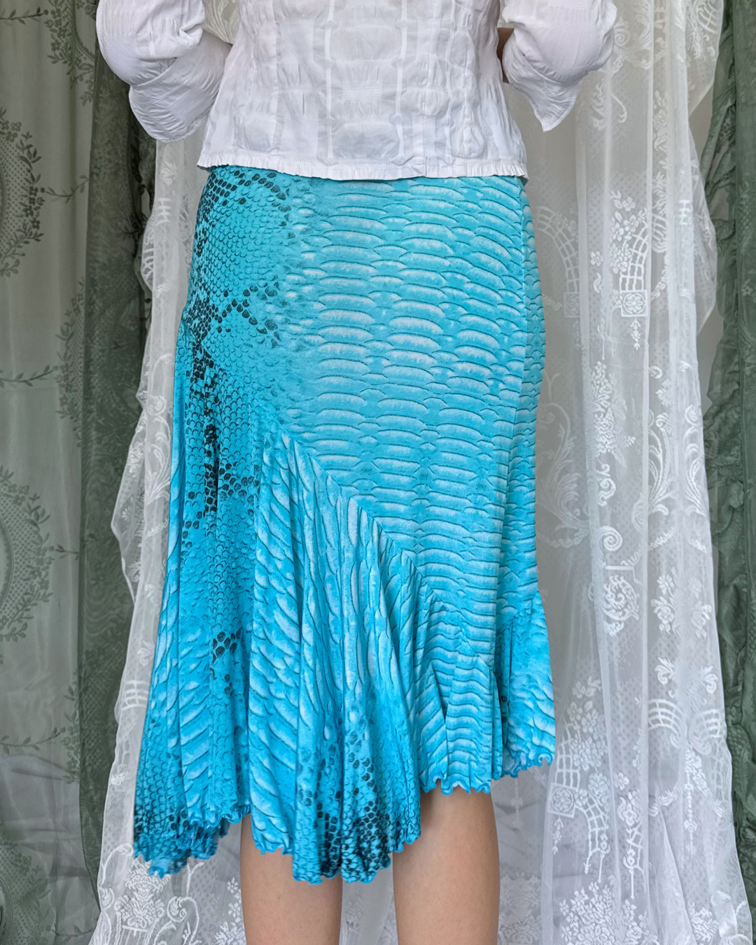 Nuova Midirock y2k Style Snake Print asymmetrisch türkis Summer Vacation Skirt Teos Vintage Onlineshop