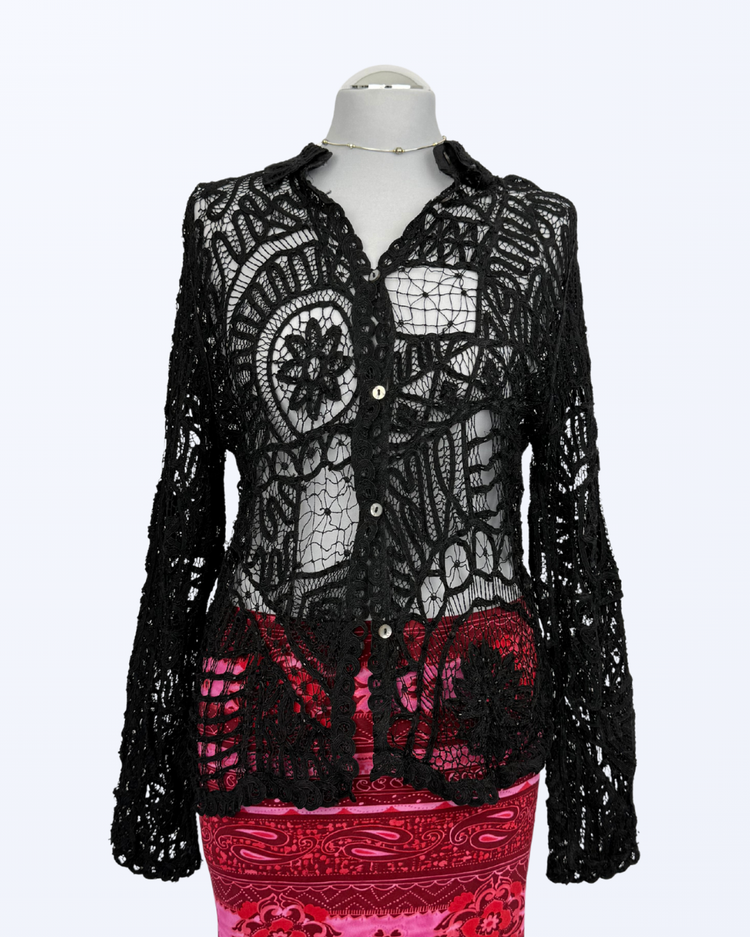 Besondere Häkelbluse langarm schwarz Paillietten Teos Vintage onlineshop Boho Festival Witchy Whimsical