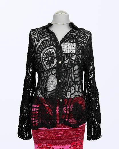 Besondere Häkelbluse langarm schwarz Paillietten Teos Vintage onlineshop Boho Festival Witchy Whimsical