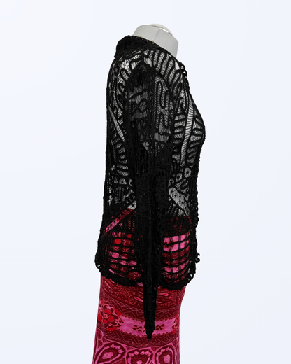 Besondere Häkelbluse langarm schwarz Paillietten Teos Vintage onlineshop Boho Festival Witchy Whimsical