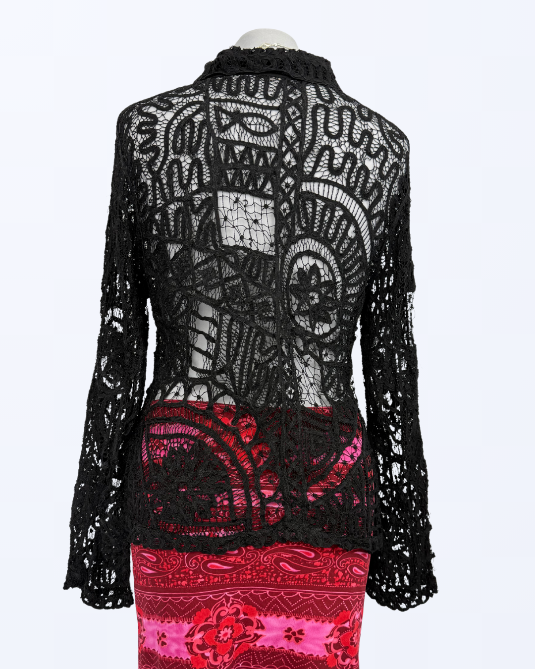 Besondere Häkelbluse langarm schwarz Paillietten Teos Vintage onlineshop Boho Festival Witchy Whimsical