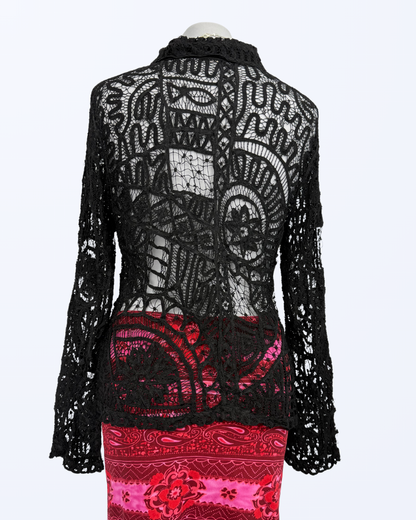 Besondere Häkelbluse langarm schwarz Paillietten Teos Vintage onlineshop Boho Festival Witchy Whimsical