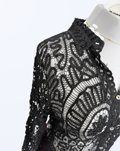 Besondere Häkelbluse langarm schwarz Paillietten Teos Vintage onlineshop Boho Festival Witchy Whimsical