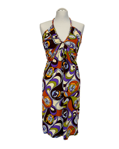 Phard Neckholder Kleid 70s Style Muster zum Binden Teos Vintage Onlineshop