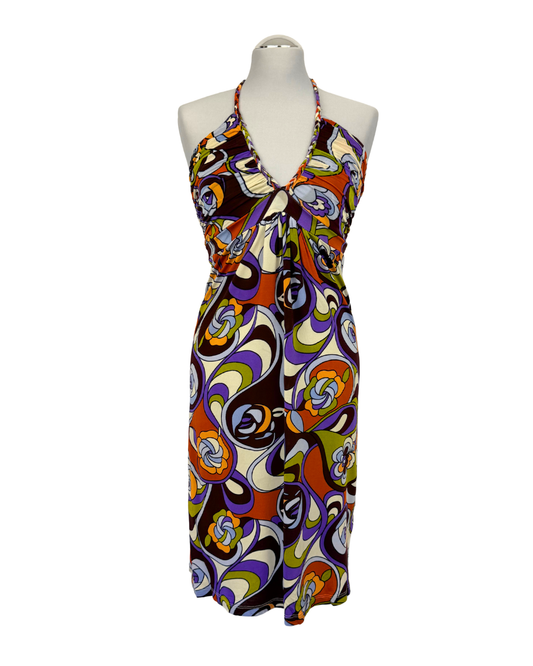 Phard Neckholder Kleid 70s Style Muster zum Binden Teos Vintage Onlineshop