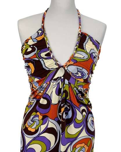 Phard Neckholder Kleid 70s Style Muster zum Binden Teos Vintage Onlineshop