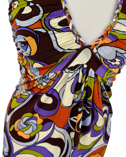 Phard Neckholder Kleid 70s Style Muster zum Binden Teos Vintage Onlineshop