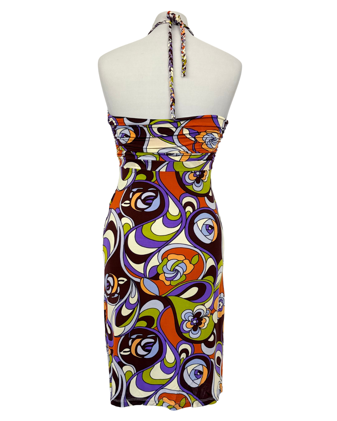 Phard Neckholder Kleid 70s Style Muster zum Binden Teos Vintage Onlineshop