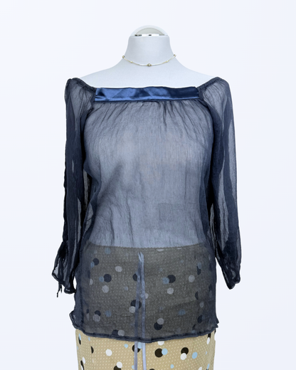 Rosso di Sera Off Shoulder Seidenbluse dunkelblau transparent Teos Vintage Onlineshop