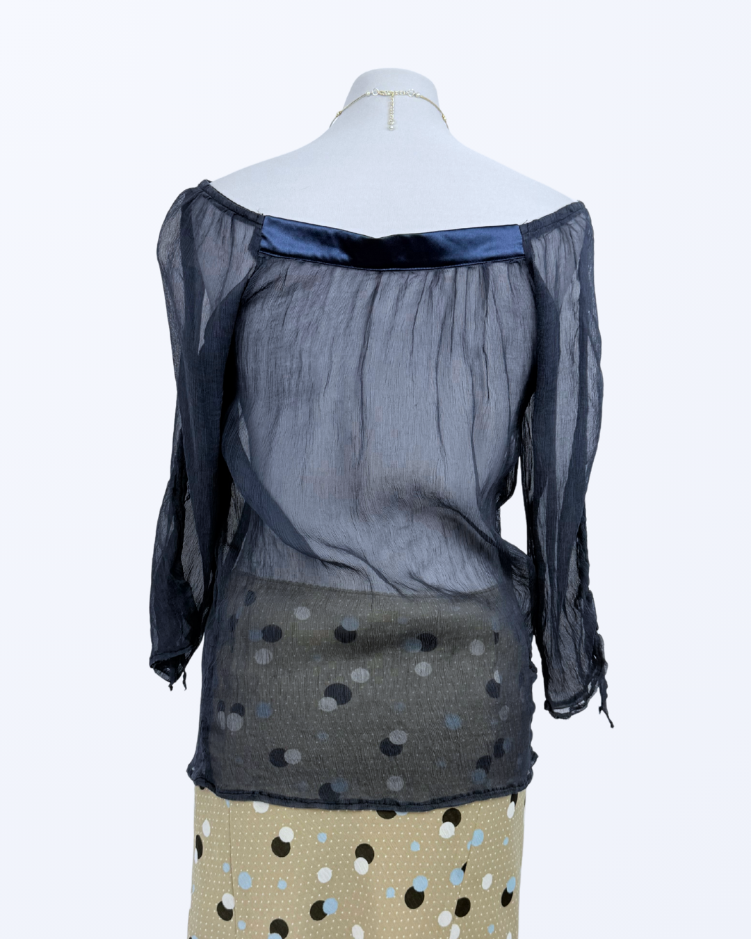 Rosso di Sera Off Shoulder Seidenbluse dunkelblau transparent Teos Vintage Onlineshop