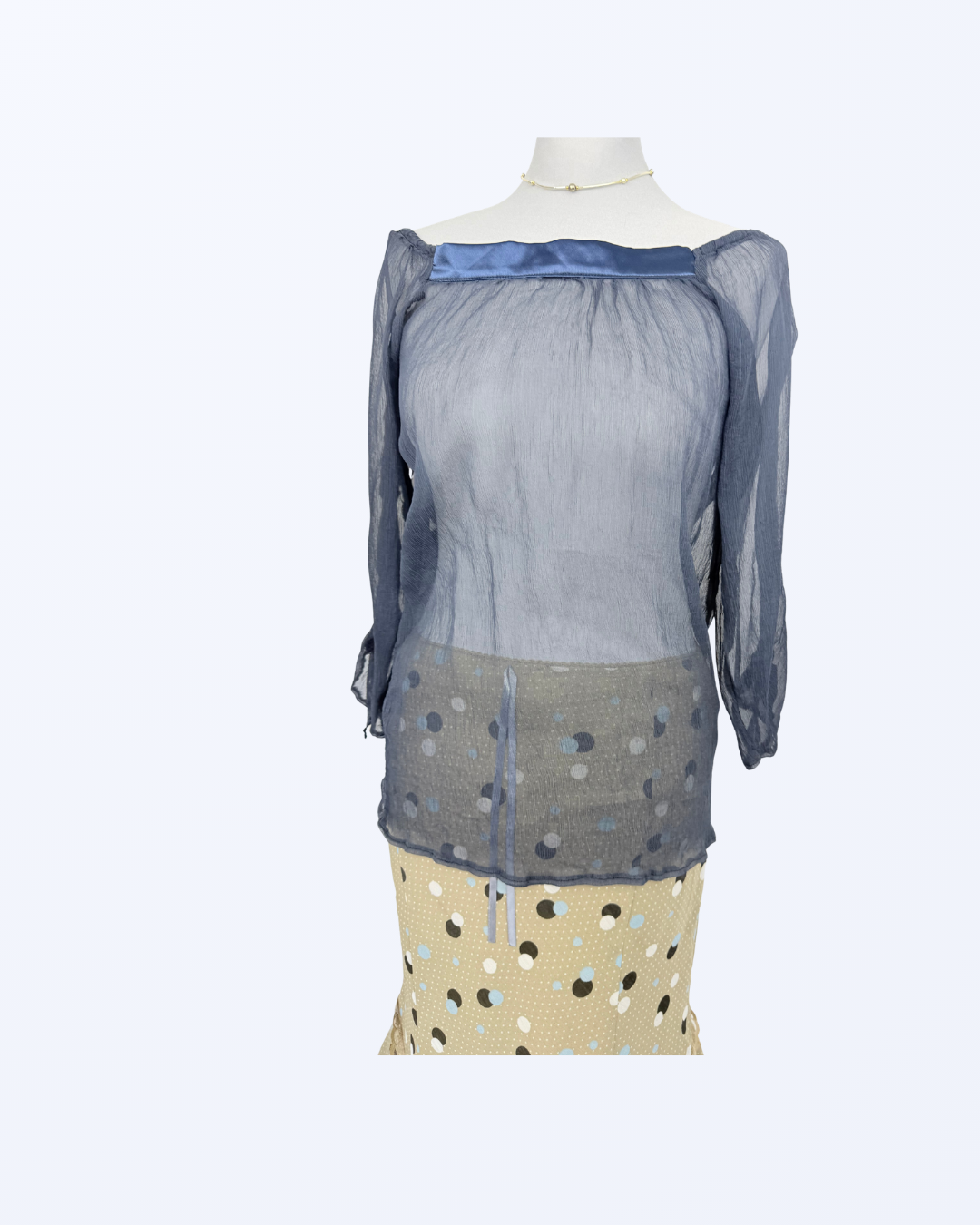 Rosso di Sera Off Shoulder Seidenbluse dunkelblau transparent Teos Vintage Onlineshop