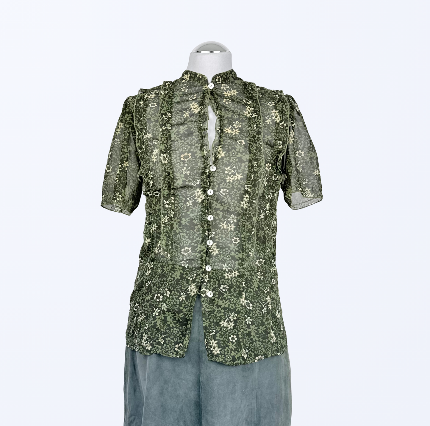 Sasch Kurzarmbluse Rüschen Blumenmuster transparent Teos Vintage Onlineshop