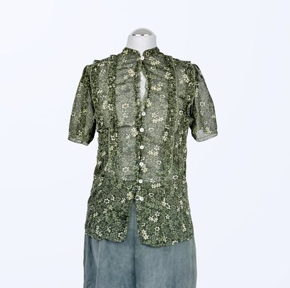 Sasch Kurzarmbluse Rüschen Blumenmuster transparent Teos Vintage Onlineshop