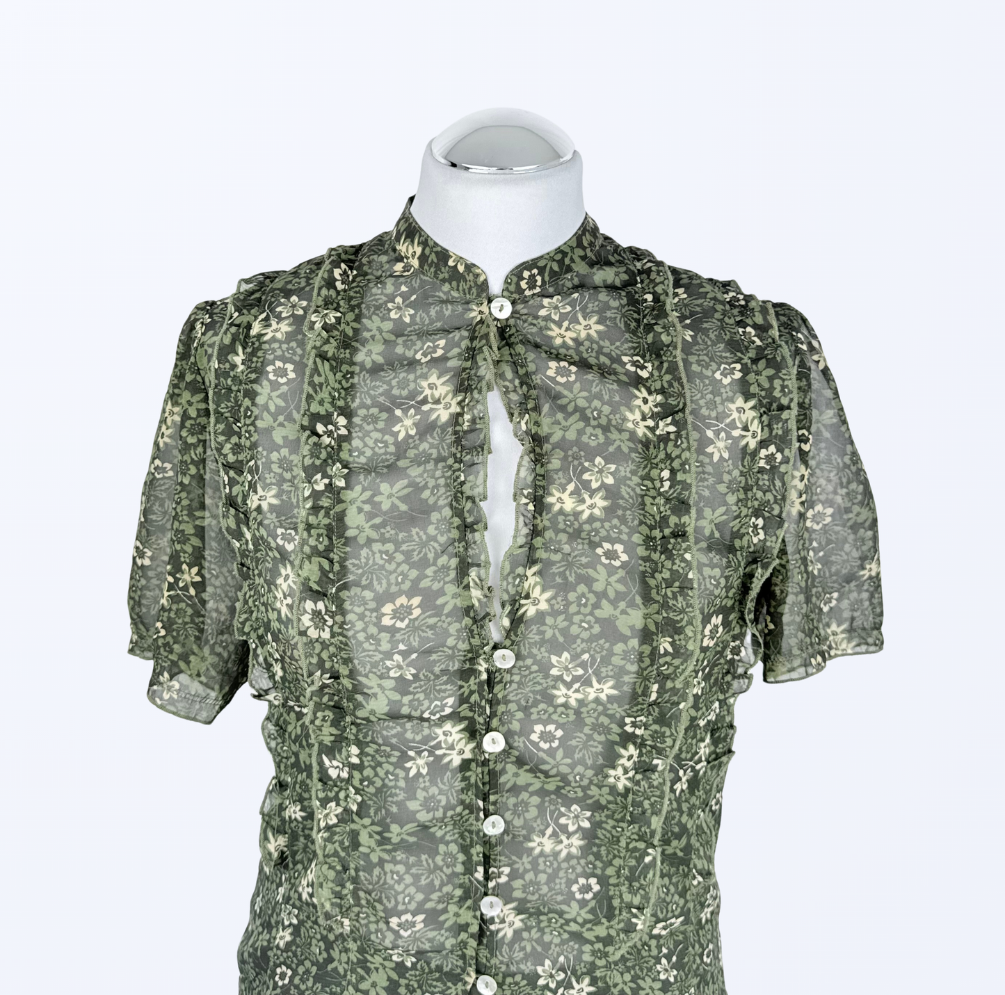 Sasch Kurzarmbluse Rüschen Blumenmuster transparent Teos Vintage Onlineshop