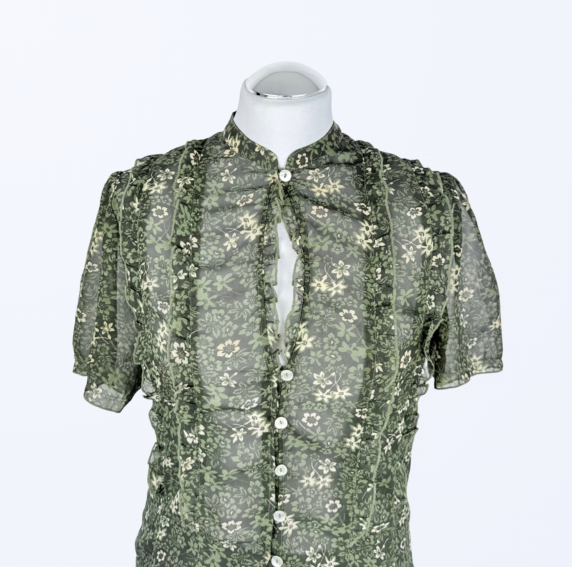 Sasch Kurzarmbluse Rüschen Blumenmuster transparent Teos Vintage Onlineshop