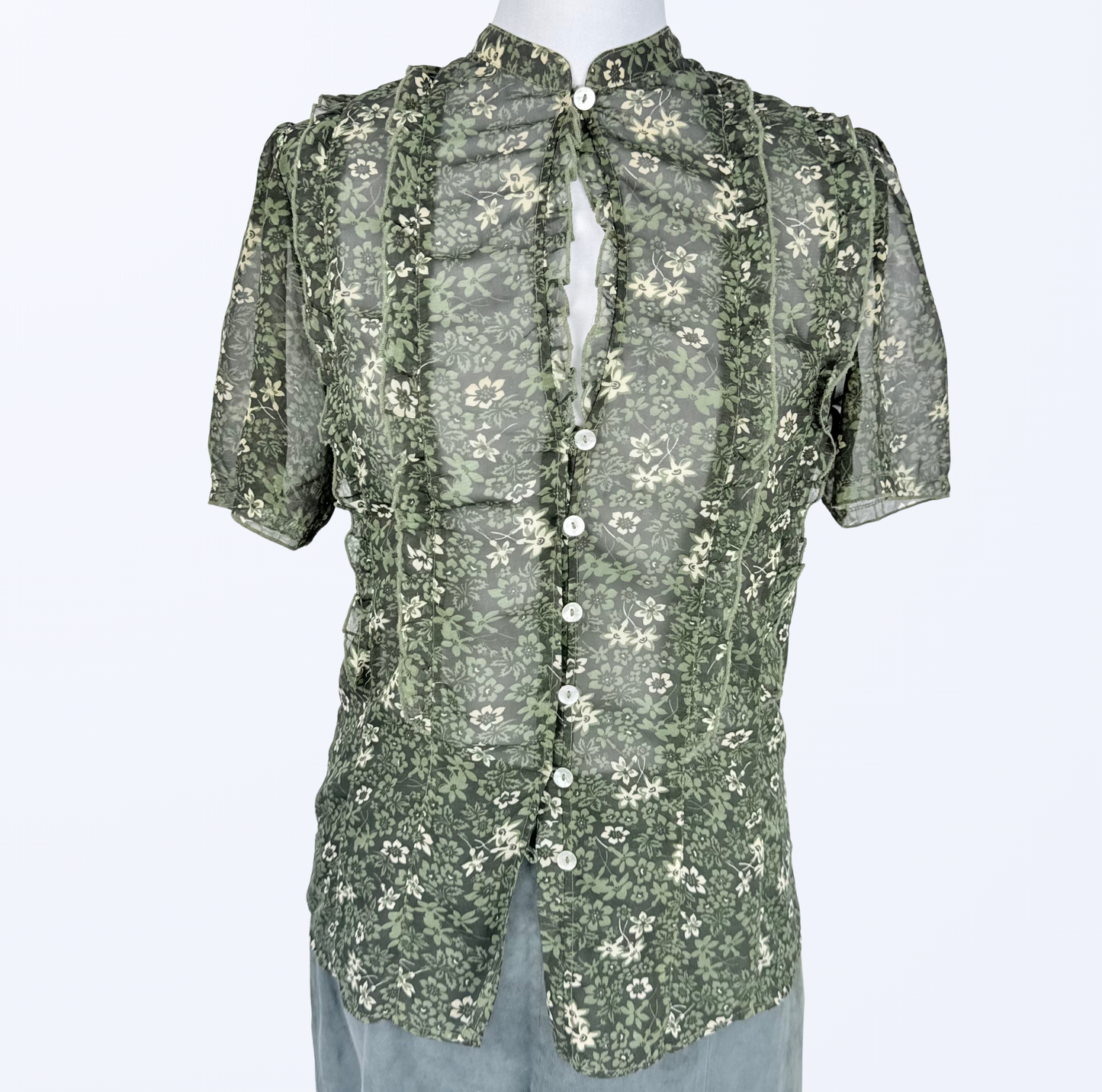 Sasch Kurzarmbluse Rüschen Blumenmuster transparent Teos Vintage Onlineshop