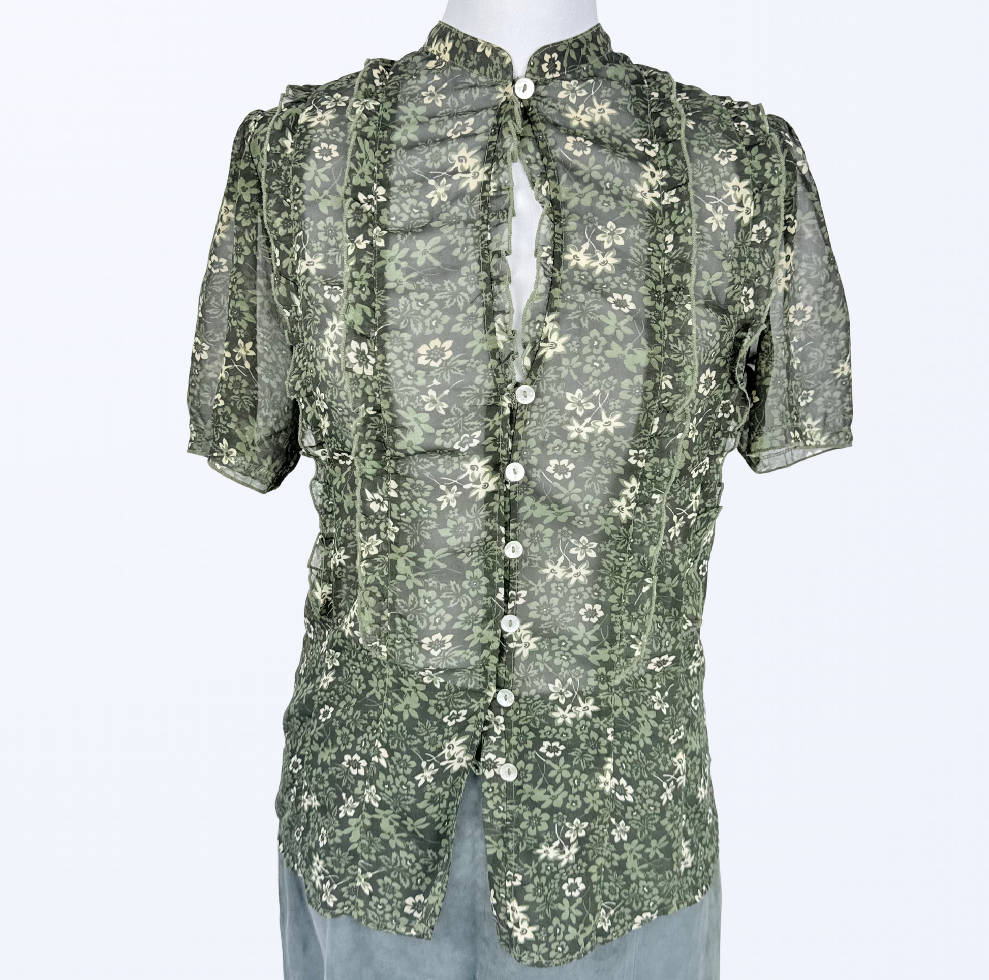 Sasch Kurzarmbluse Rüschen Blumenmuster transparent Teos Vintage Onlineshop