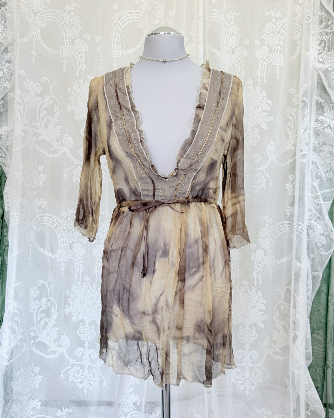 Seidentunika Batikmuster tie dye 3/4 Arm Boho Strandkleid Beach Cover-Up Seide Teos Vintage Online Shop