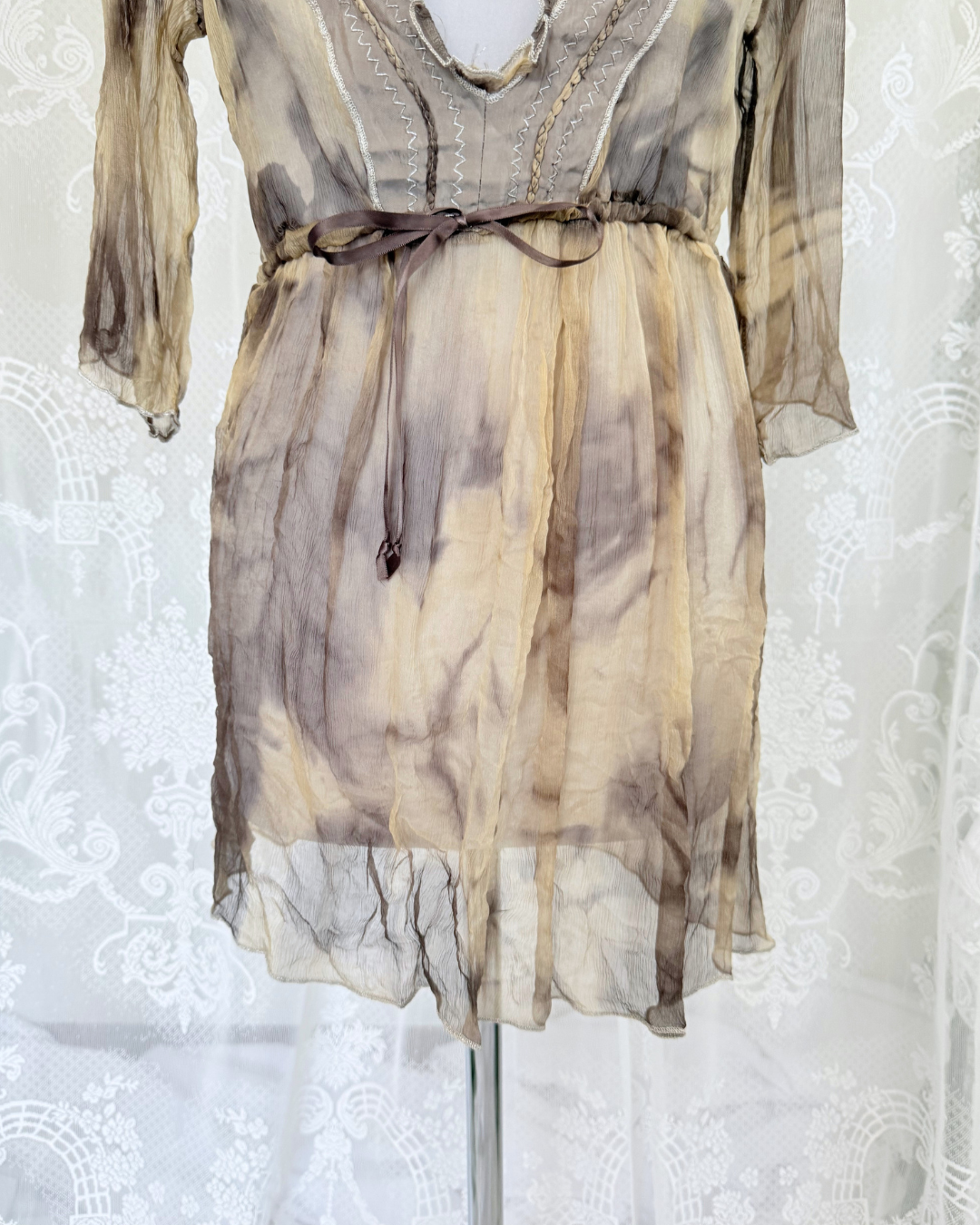 Seidentunika Batikmuster tie dye 3/4 Arm Boho Strandkleid Beach Cover-Up Seide Teos Vintage Online Shop
