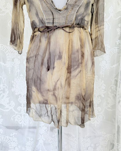 Seidentunika Batikmuster tie dye 3/4 Arm Boho Strandkleid Beach Cover-Up Seide Teos Vintage Online Shop