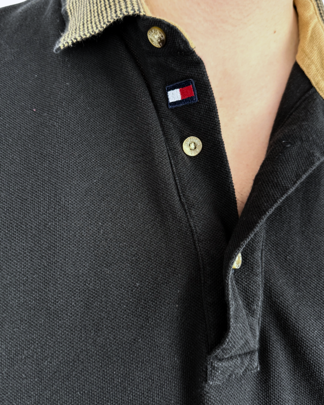 Tommy Hilfiger Poloshirt schwarz Kragen gestreift beigebraun XL Teos vintage Onlineshop