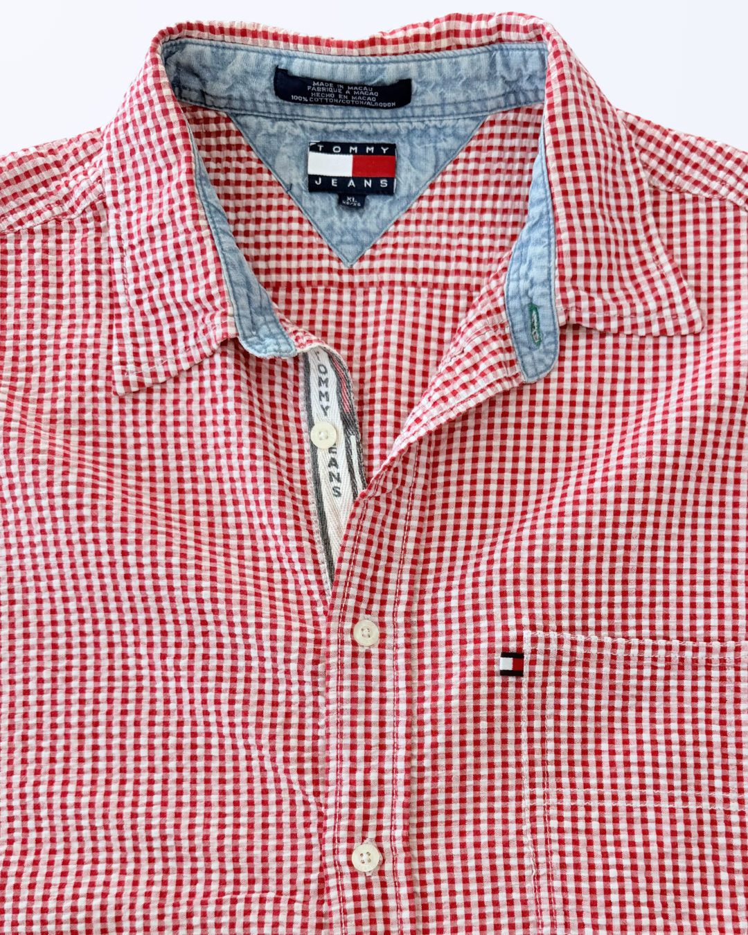 Tommy Hilfiger Tommy Jeans Gingham Karomuster rot weiß Kurzarmhemd XL Teos Vintage Onlineshop