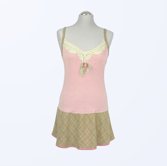 Vintage Kleid mit Spitzen und Blume rosa beige Teos Vintage Onlineshop