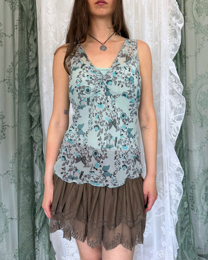 Top 100 % Seide mit Untertop hellblau blumenmuster y2k whimsical whimsy Teos Vintage Onlineshop