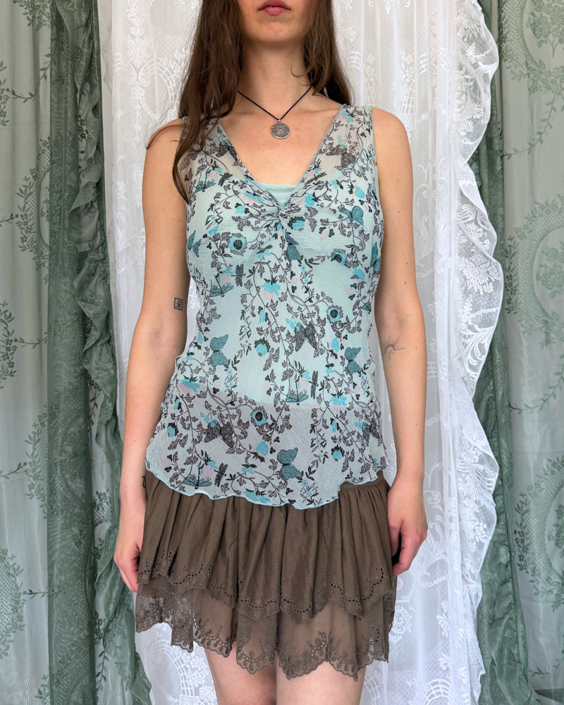 Top 100 % Seide mit Untertop hellblau blumenmuster y2k whimsical whimsy Teos Vintage Onlineshop