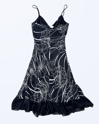 Vintage Khaki Krew Kleid Slip Dress schwarz weiß Blumenmuster