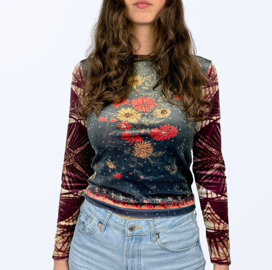 Vintage Longsleeve Samt Floral Tiger y2k 2000s 90s Style besonders
