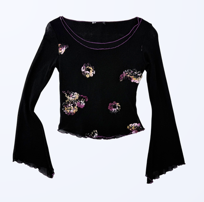 Vintage Longsleeve Trompetenärmel schwarz lila Teos Online shop