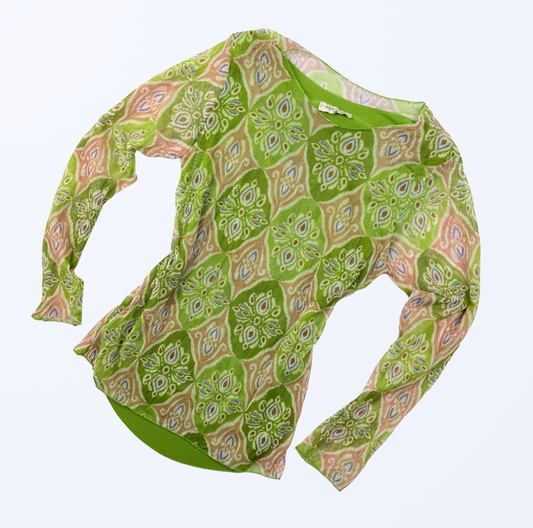 Vintage Longsleeve grün Muster Mesh Gr. S/M