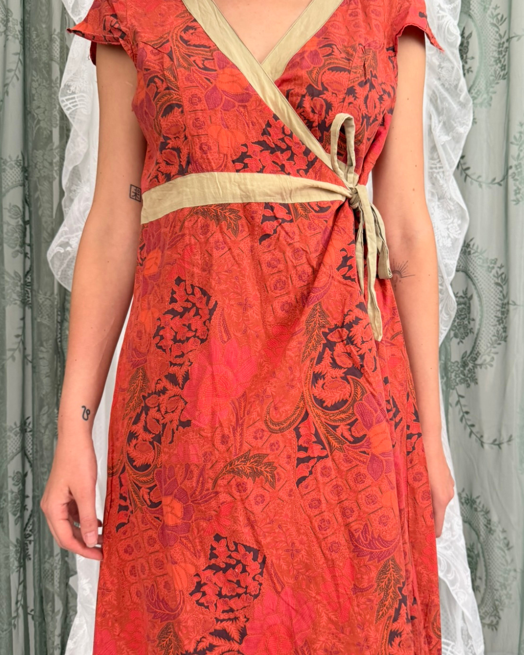 Vintage Peace Angel Kleid organge gemustert 100 % Baumwolle Naturmaterial Teos Vintage Online Shop