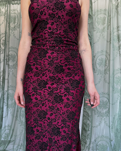 90s Vintage Maxikleid Pilot Blumenmuster dunkelrot schwarze Blumen Teos Vintage