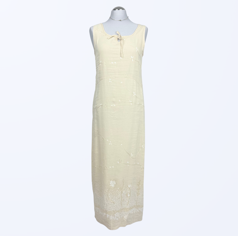 Vintage Maxikleid Boho festival fairy Naturstoff Leinen Teos Vintage Onlineshop