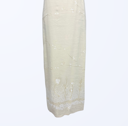 Vintage Maxikleid Boho festival fairy Naturstoff Leinen Teos Vintage Onlineshop