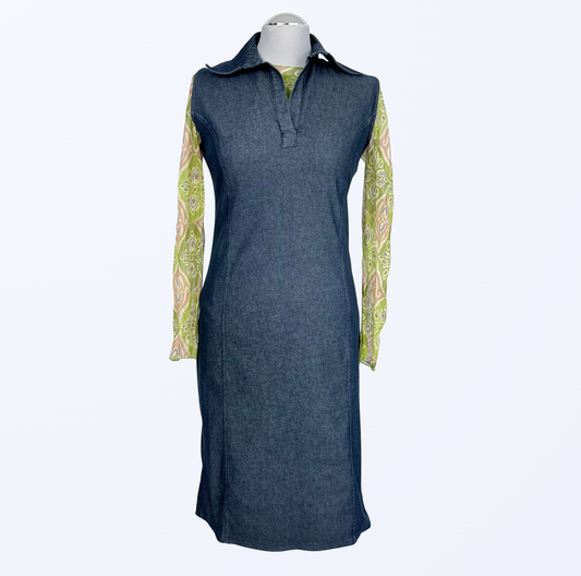 70s Kleid Jeanskleid Midi mit Kragen dunkelblau Teos Vintage Onlineshop