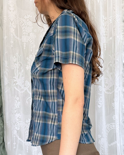 Vintage Stars and Stripes Kurzarmbluse kariert blau boho cottage cowgirl western style festival Teos vintage Onlineshop
